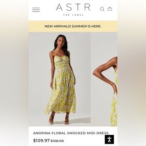 ASTR Andrina Floral Smocked Midi Dress Lime Lav Floral. NWT Women’s Size Large